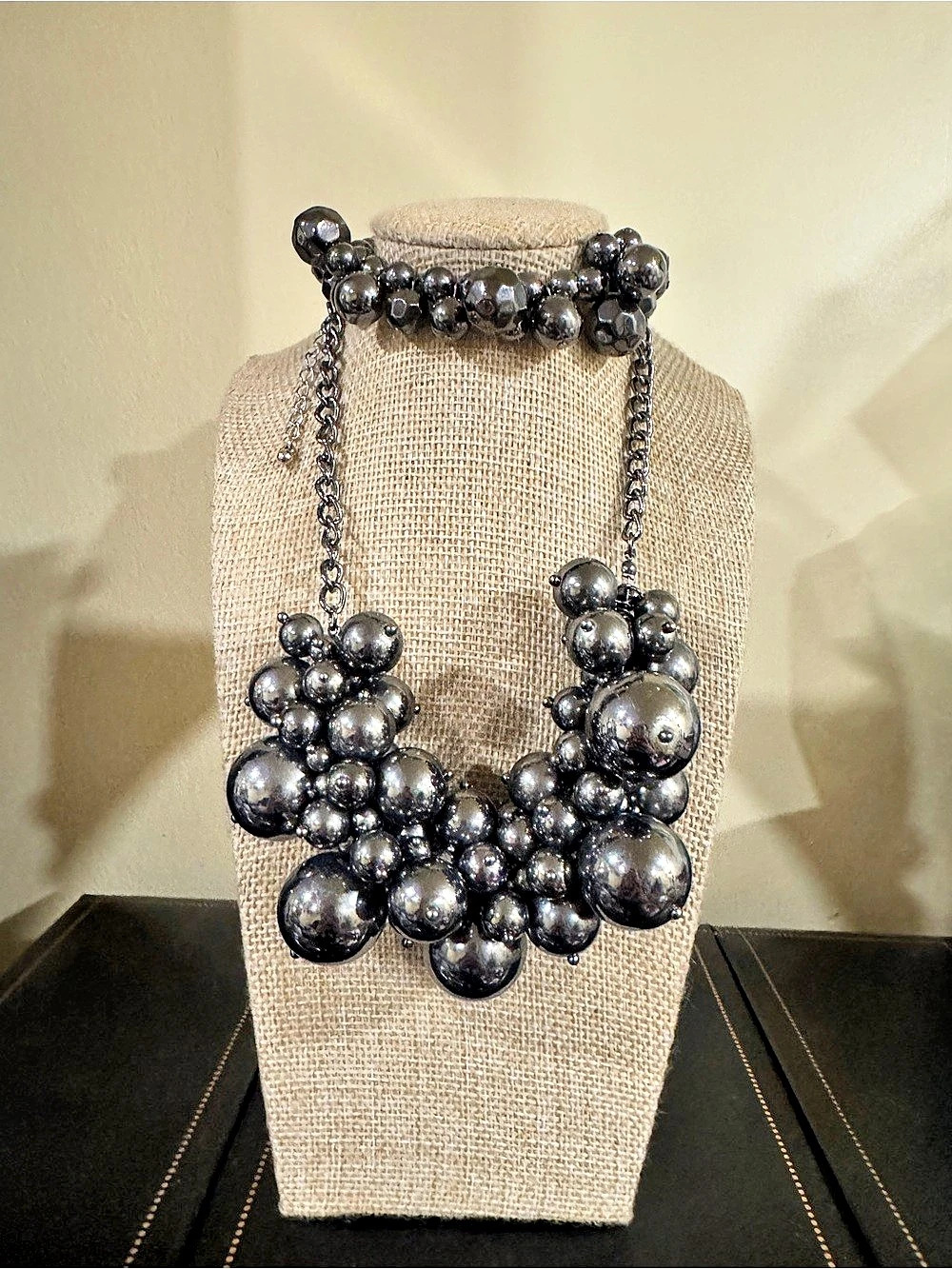 Gunmetal tone Statement Bubble Bead Necklace and bracelet